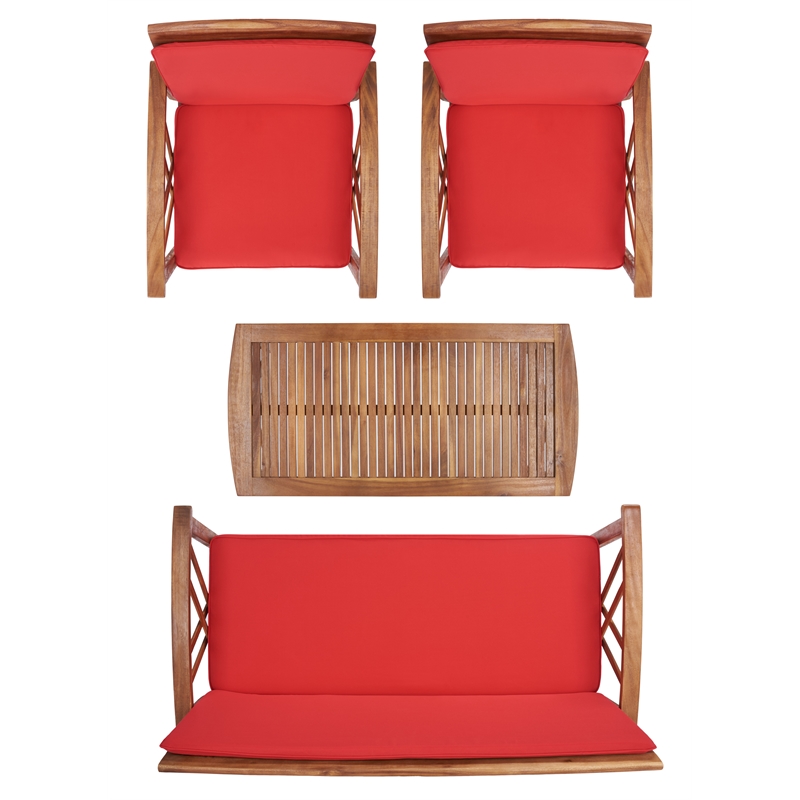 Safavieh Fontana Wood 4 Pc Outdoor Set in Natural / Red
