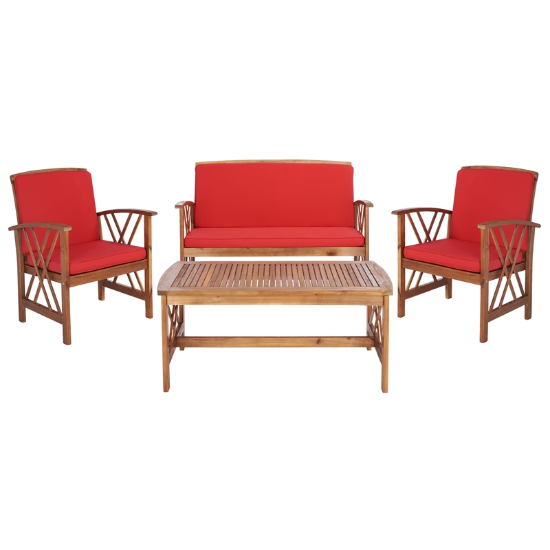 Safavieh Fontana Wood 4 Pc Outdoor Set in Natural / Red