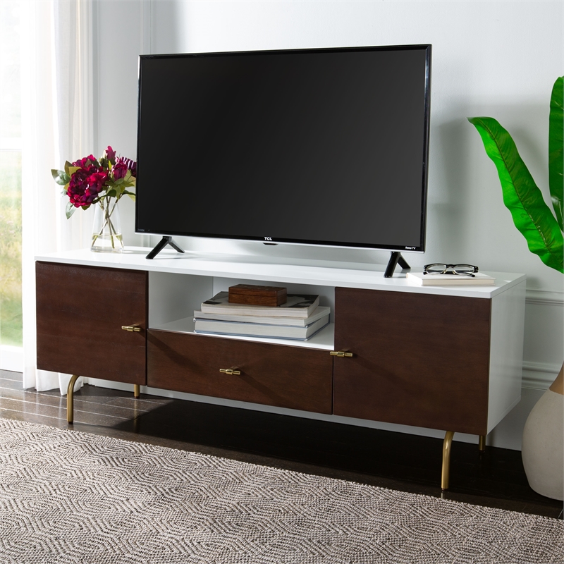 Safavieh Genevieve Wood and Metal Media Stand  in Walnut / White