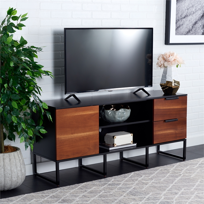 Safavieh Vance Wood and Metal 1Door 2Drawer 2Shelf Media Stand in Black / Brown