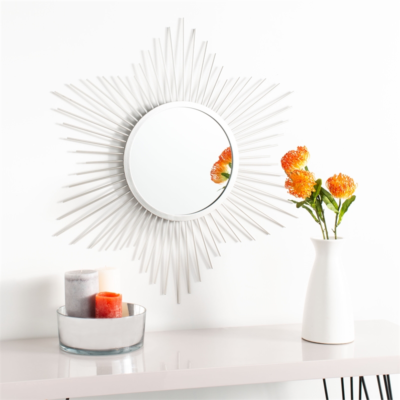 Safavieh River Sunburst Metal and Wood Mirror in Silver