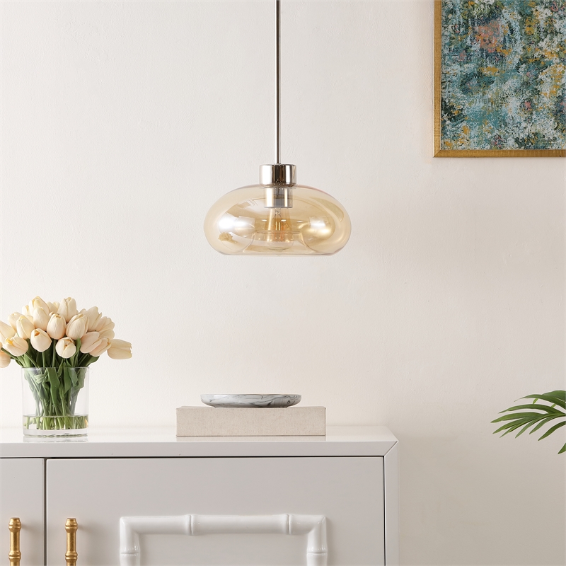Safavieh Jorie Glass and Iron 11 Inch Pendant in Amber / Nickel