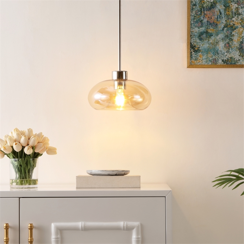 Safavieh Jorie Glass and Iron 11 Inch Pendant in Amber / Nickel