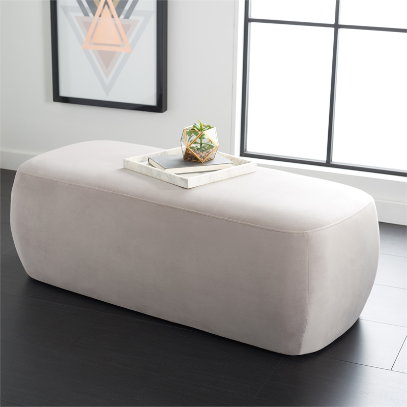 Safavieh Whitley Wood and Velvet Rectangular Ottoman in Gray / Beige
