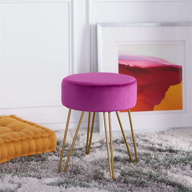 Safavieh Abrea Velvet and Wood  Round Ottoman  in Gold