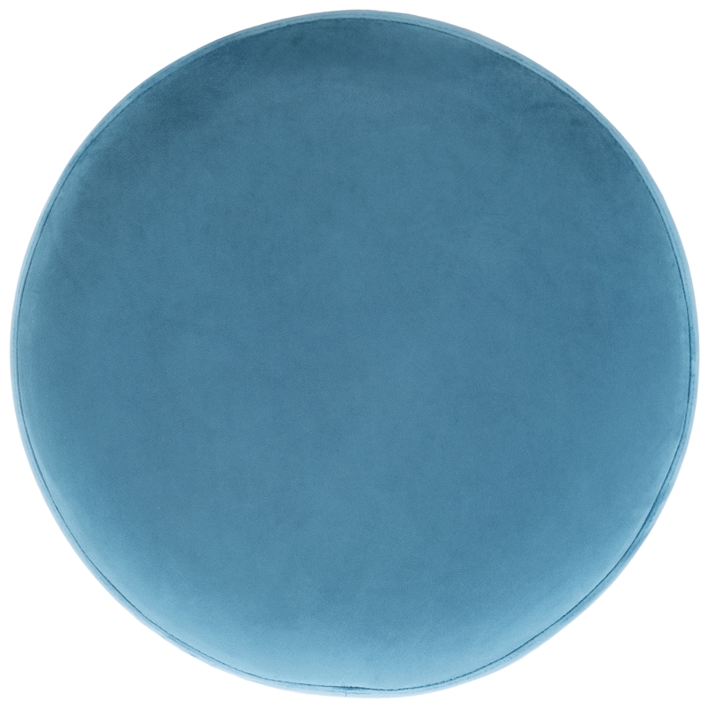 Safavieh Azai Velvet and Wood Round Ottoman in Blue / Gold