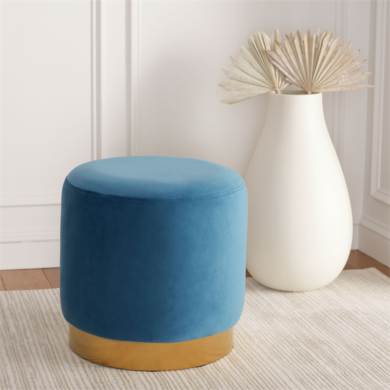 Safavieh Azai Velvet and Wood Round Ottoman in Blue / Gold