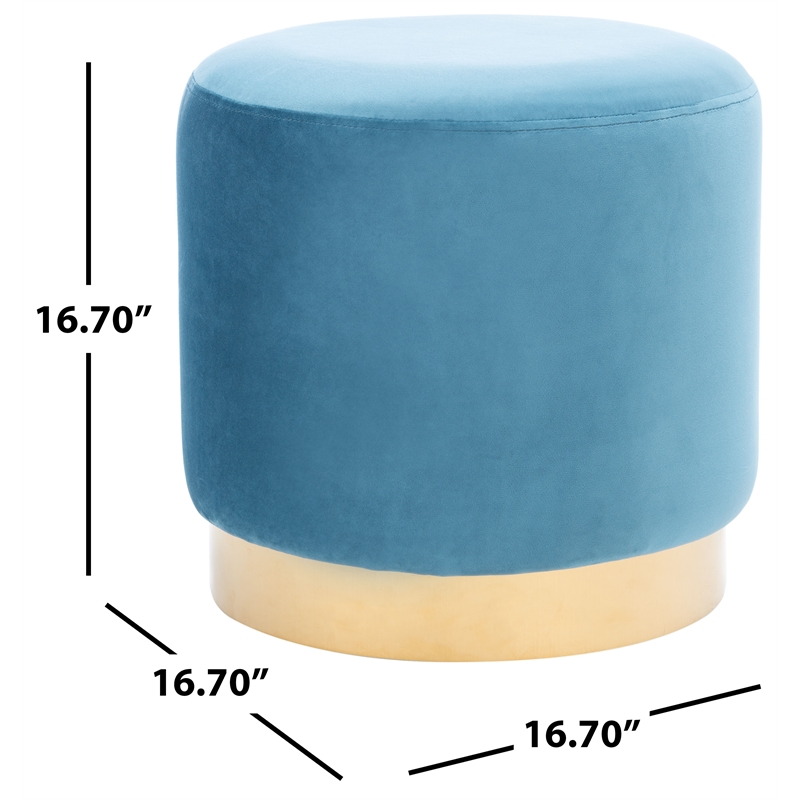 Safavieh Azai Velvet and Wood Round Ottoman in Blue / Gold