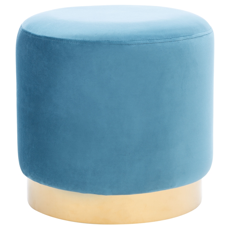 Safavieh Azai Velvet and Wood Round Ottoman in Blue / Gold