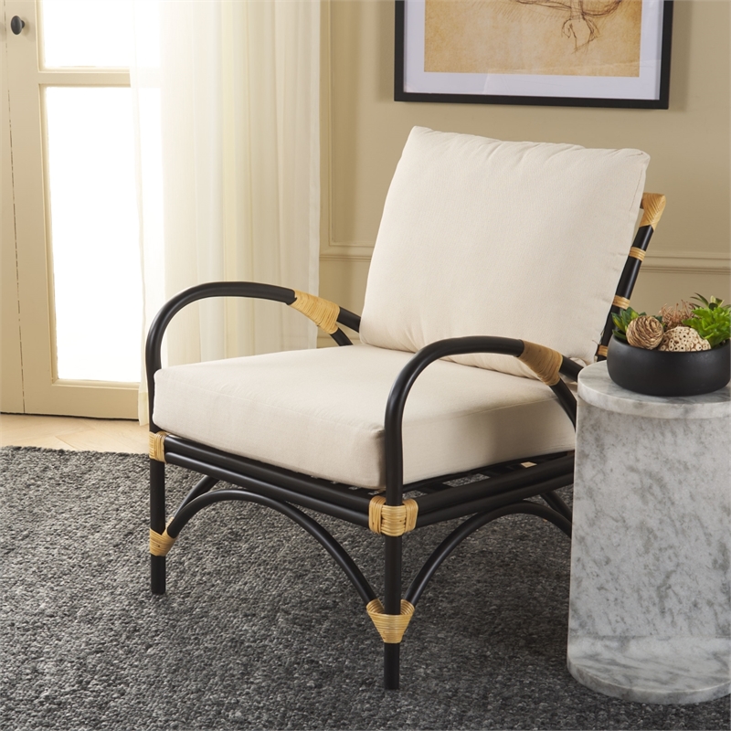 Safavieh Meara Rattan Accent Chair w/ Cushion in White / Black