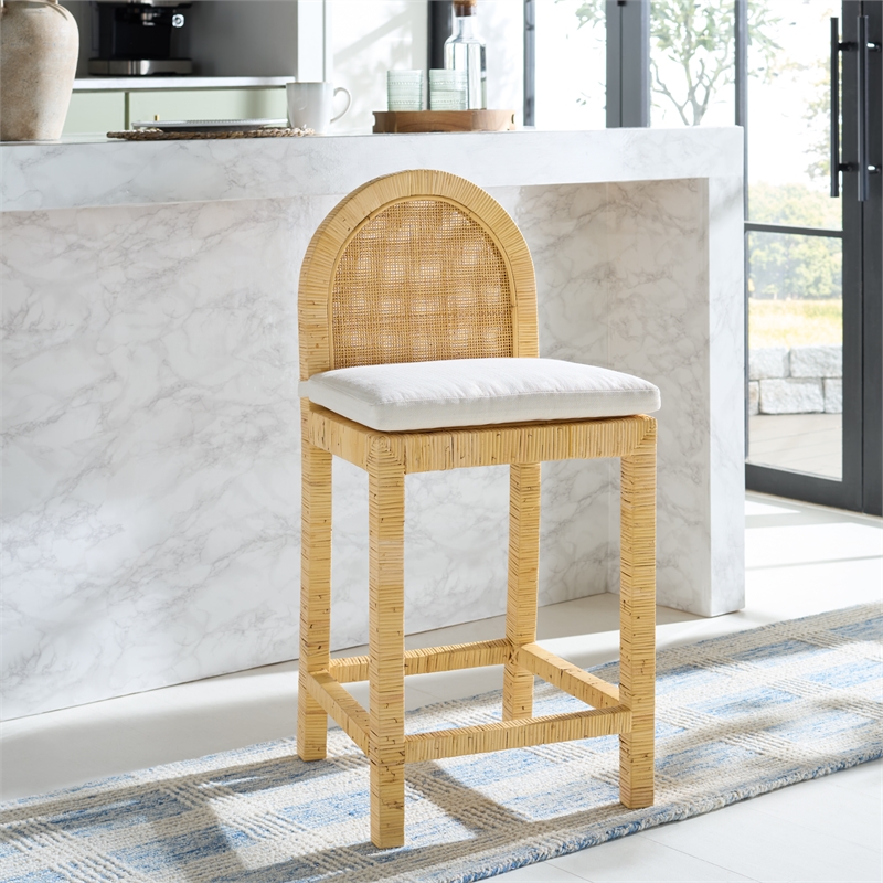 Safavieh Tojo Cane Roundback Wood Counter Stool in Natural / White