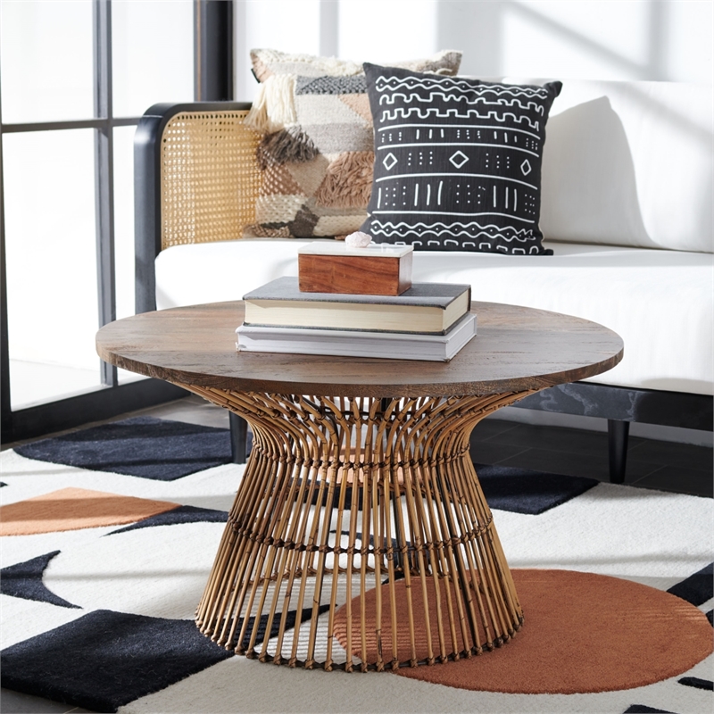 Safavieh Whent Round Wood and Metal Coffee Table in Brown