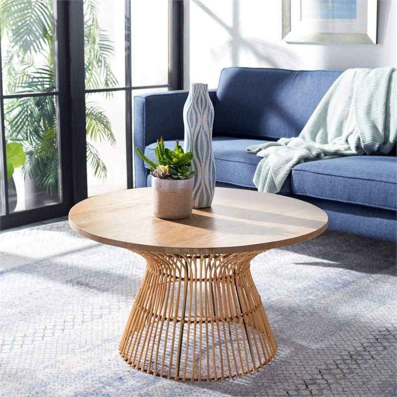 Safavieh Whent Round Wood and Metal Coffee Table  in Natural / Brown