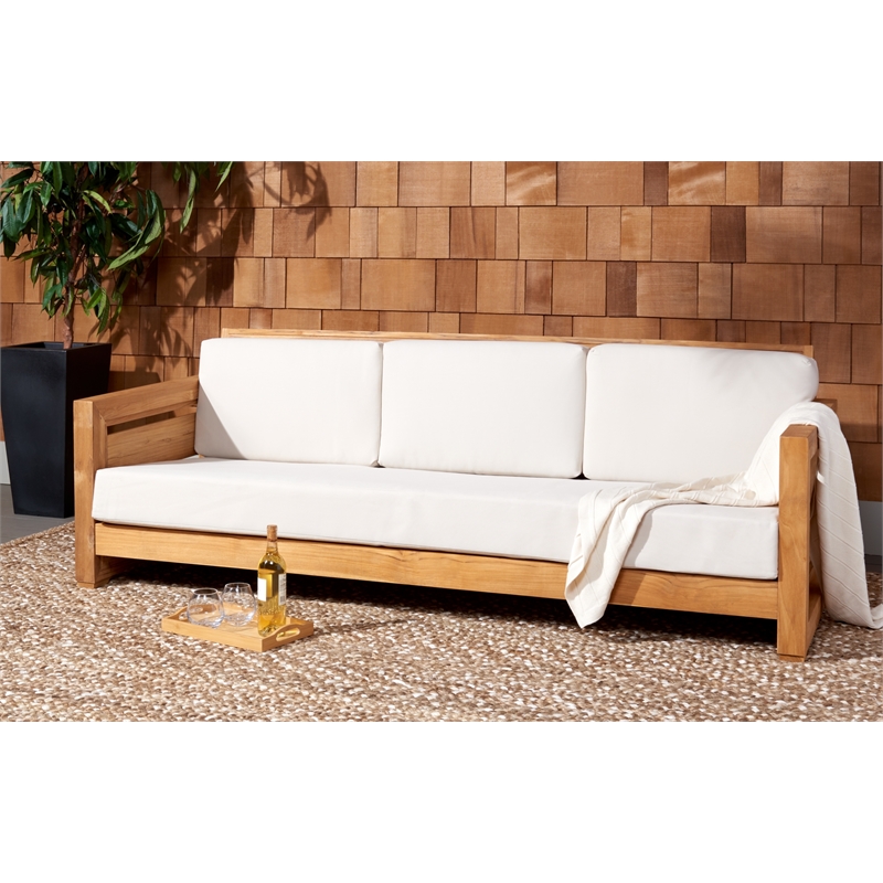 Safavieh Guadeloupe Outdoor Brazilian Teak Wood 3-Seat Sofa in Natural / White