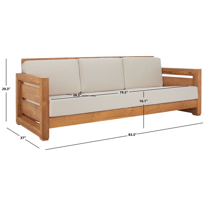 Safavieh Guadeloupe Outdoor Brazilian Teak Wood 3-Seat Sofa in Natural / White
