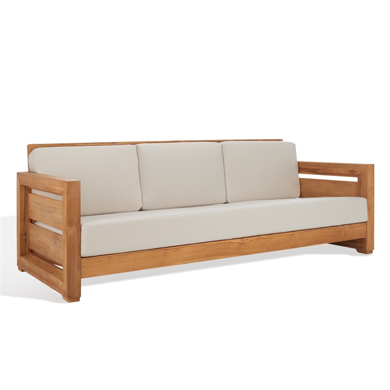 Safavieh Guadeloupe Outdoor Brazilian Teak Wood 3-Seat Sofa in Natural / White