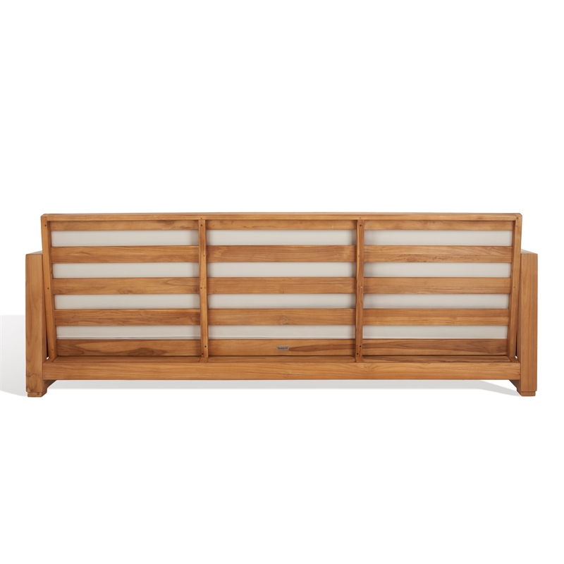 Safavieh Guadeloupe Outdoor Brazilian Teak Wood 3-Seat Sofa in Natural / White