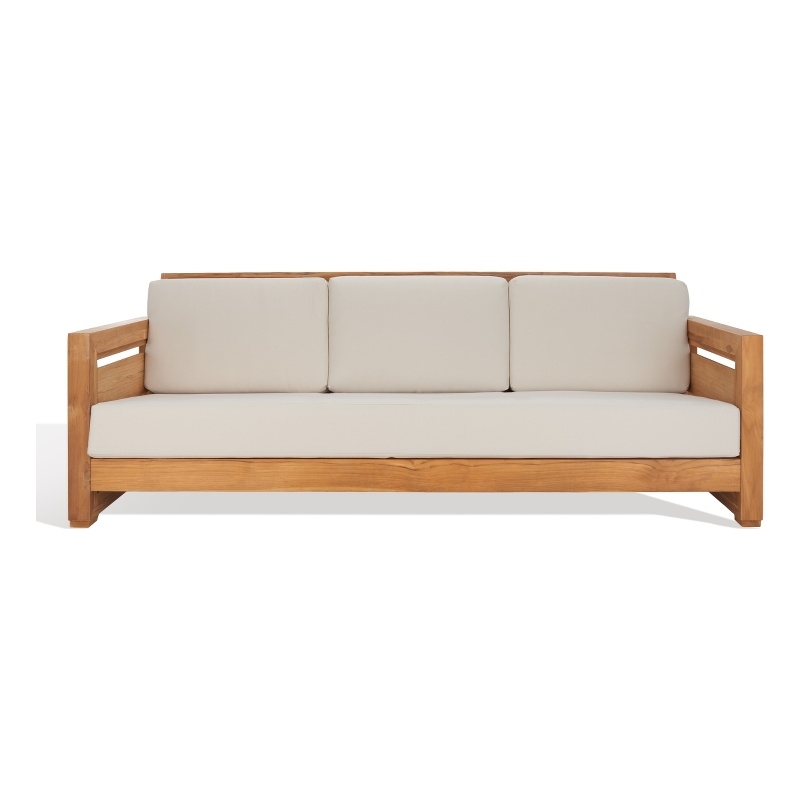 Safavieh Guadeloupe Outdoor Brazilian Teak Wood 3-Seat Sofa in Natural / White