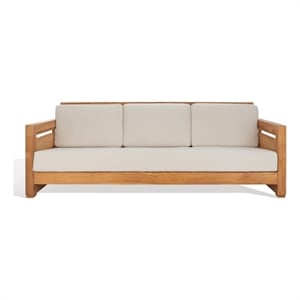 Safavieh Guadeloupe Outdoor Brazilian Teak Wood 3-Seat Sofa in Natural / White