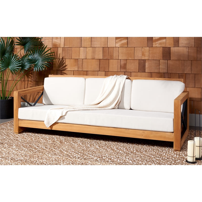 Safavieh Andros Teak Wood Patio Sofa  in Natural / Beige