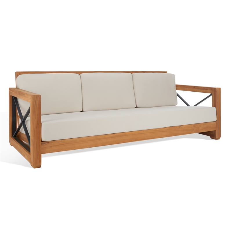 Safavieh Andros Teak Wood Patio Sofa  in Natural / Beige