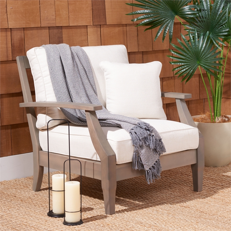 Safavieh Martinique Wood Patio Armchair in Light Gray / Beige