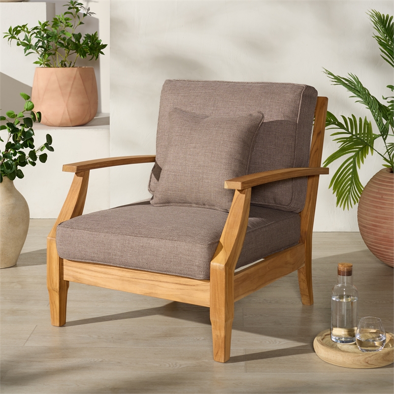 Safavieh Martinique Teak Wood Patio Armchair in Natural / Taupe