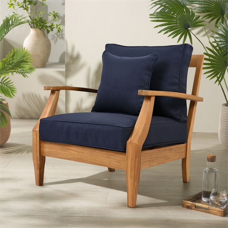 Safavieh Martinique Teak Wood Patio Armchair in Natural / Navy