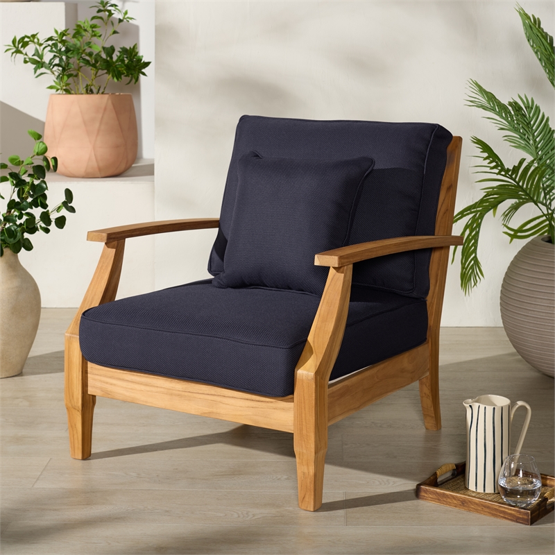 Safavieh Martinique Teak Wood Patio Armchair in Natural / Navy