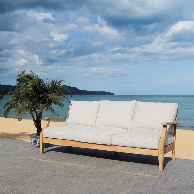 Safavieh Martinique Wood Patio Sofa in Natural / Beige
