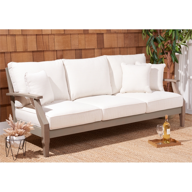 Safavieh Martinique Wood Patio Sofa in Light Gray / Beige