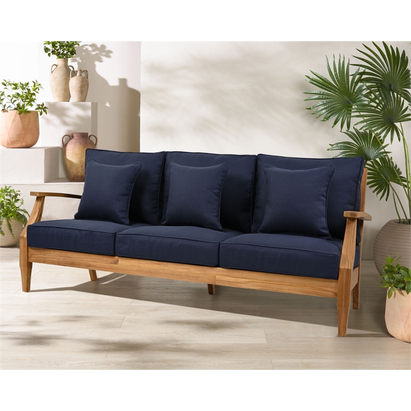 Safavieh Martinique Teak Wood Patio Sofa in Natural  / Navy