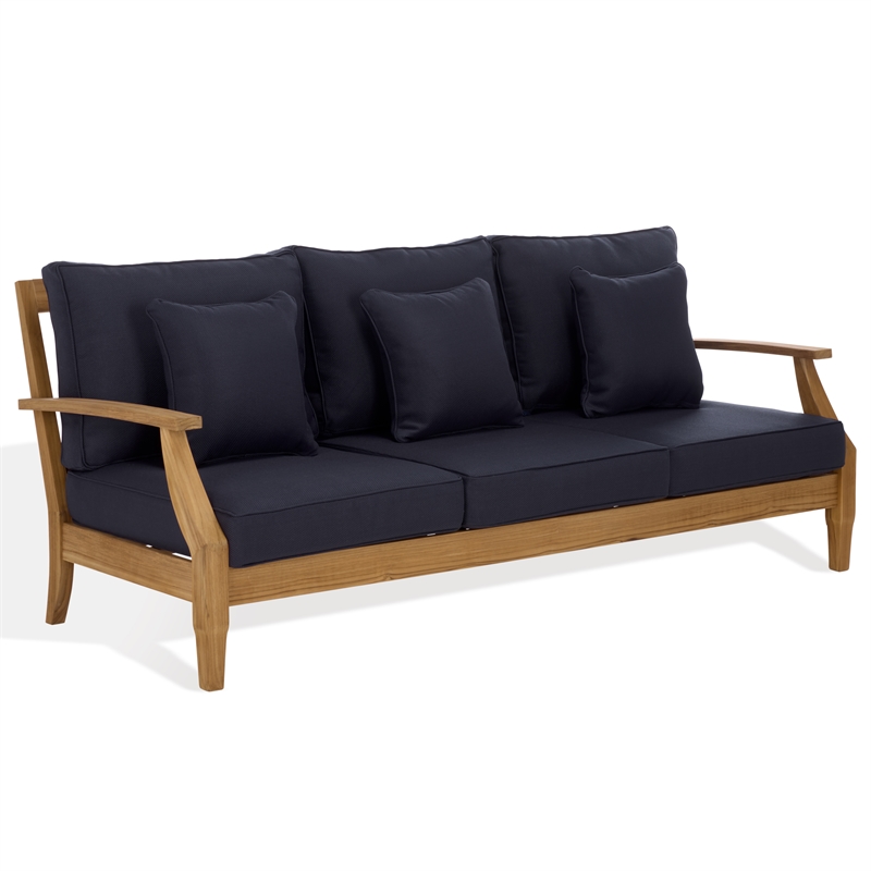 Safavieh Martinique Teak Wood Patio Sofa in Natural  / Navy