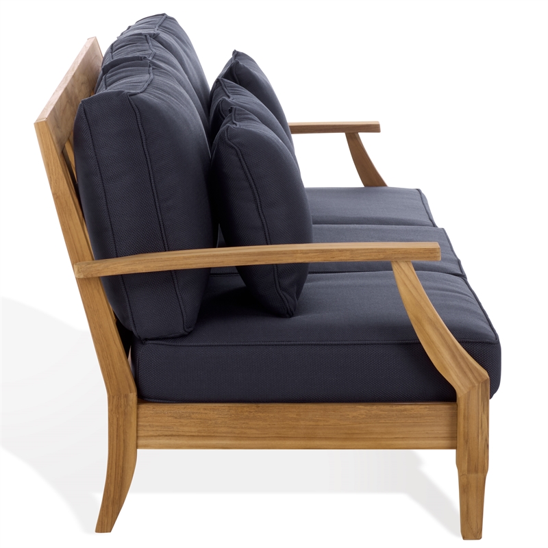 Safavieh Martinique Teak Wood Patio Sofa in Natural  / Navy
