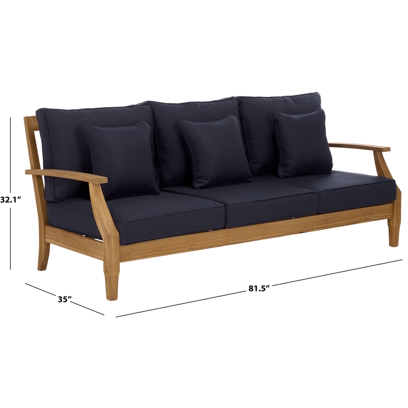 Safavieh Martinique Teak Wood Patio Sofa in Natural  / Navy