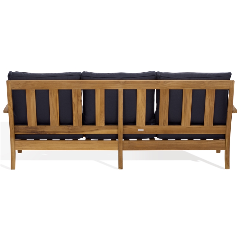 Safavieh Martinique Teak Wood Patio Sofa in Natural  / Navy