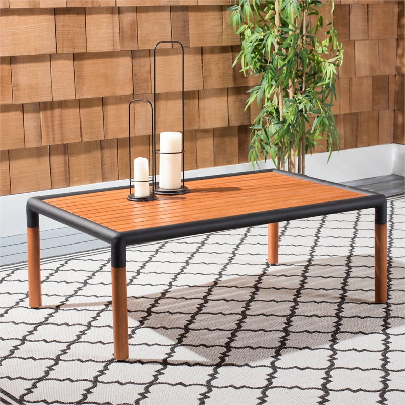 Safavieh Tommy Metal and Wood Patio Coffee Table in Black / Natural