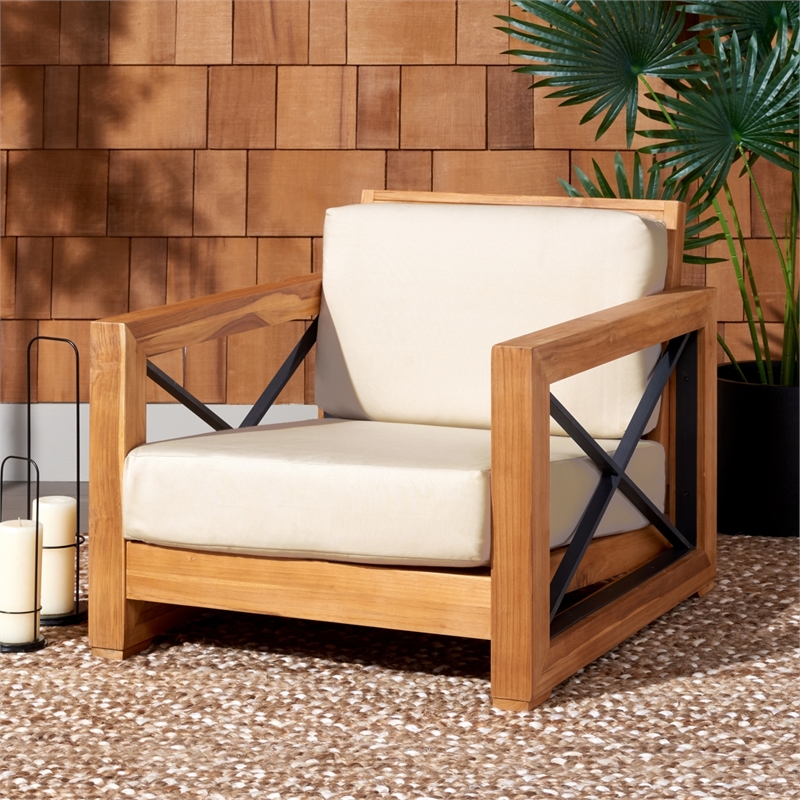 Safavieh Andros Teak Wood Patio Chair in Natural / Beige