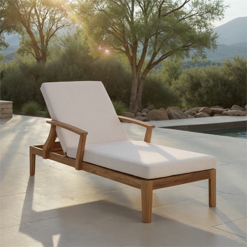 Safavieh Martinique Teak Wood Patio Chaise Lounge in White / Natural