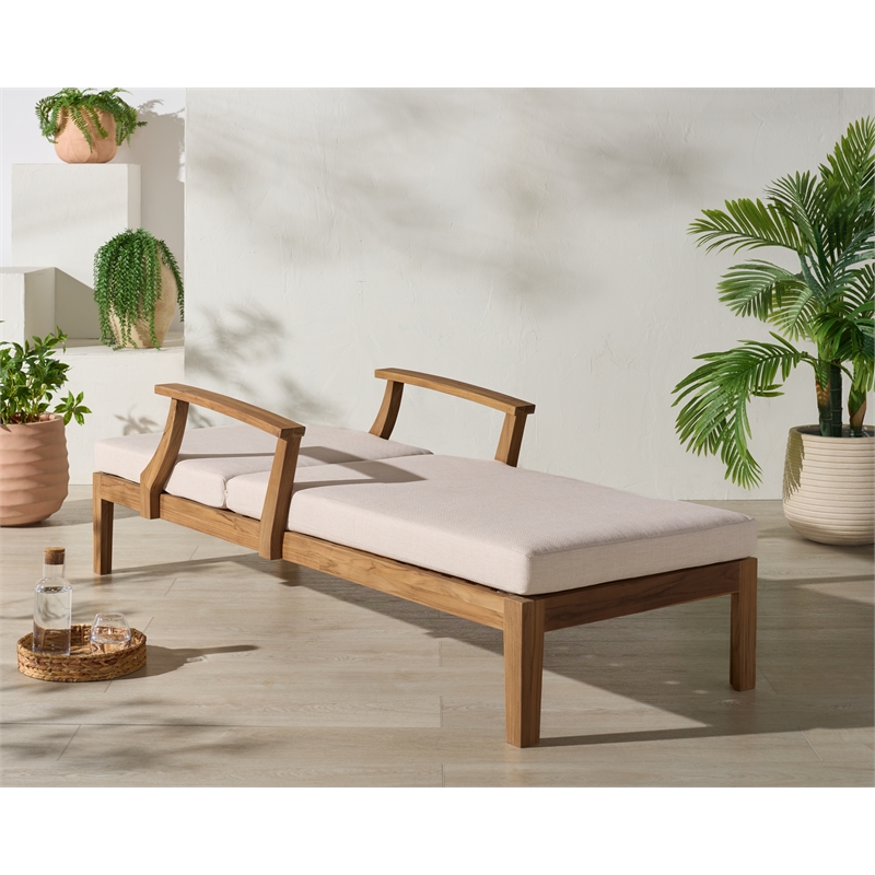 Safavieh Martinique Teak Wood Patio Chaise Lounge in White / Natural