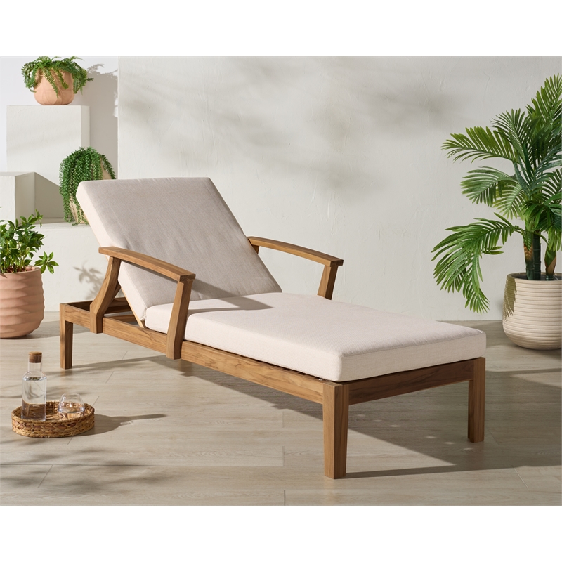 Safavieh Martinique Teak Wood Patio Chaise Lounge in White / Natural