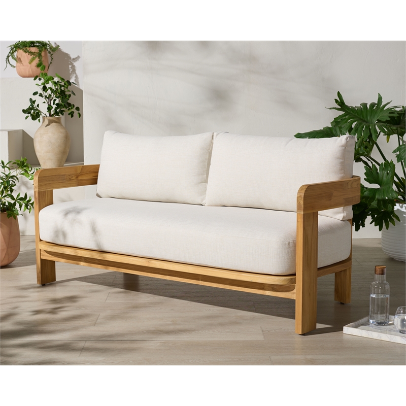Safavieh Achilles Teak Wood Patio Sofa in White / Natural