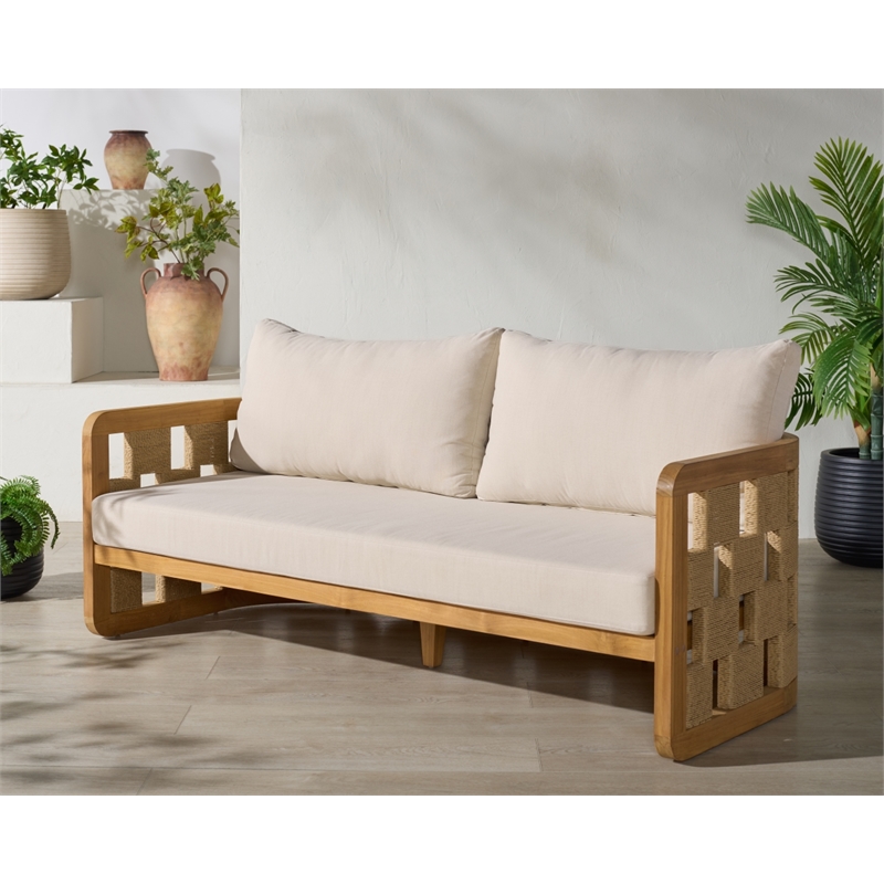 Safavieh Skipper Teak Wood Patio Sofa in Natural / Beige
