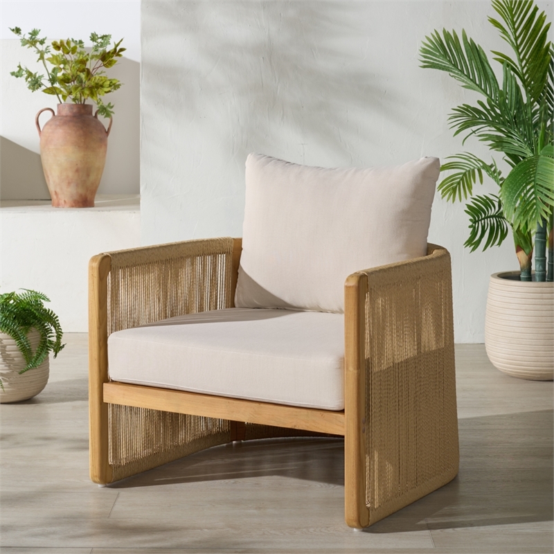 Safavieh Gale Teak Wood and Hyacinth Patio Chair in Natural / Beige