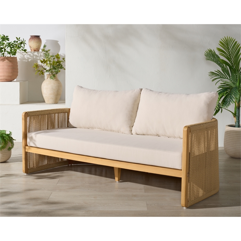 Safavieh Gale Teak Wood and Hyacinth Patio Sofa in Natural / Beige