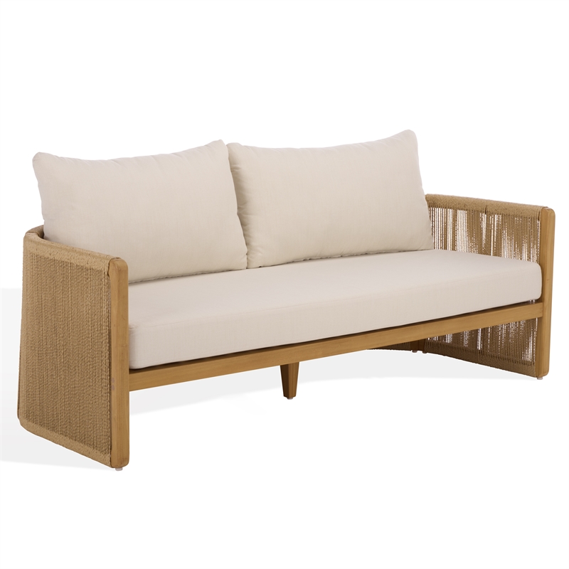 Safavieh Gale Teak Wood and Hyacinth Patio Sofa in Natural / Beige