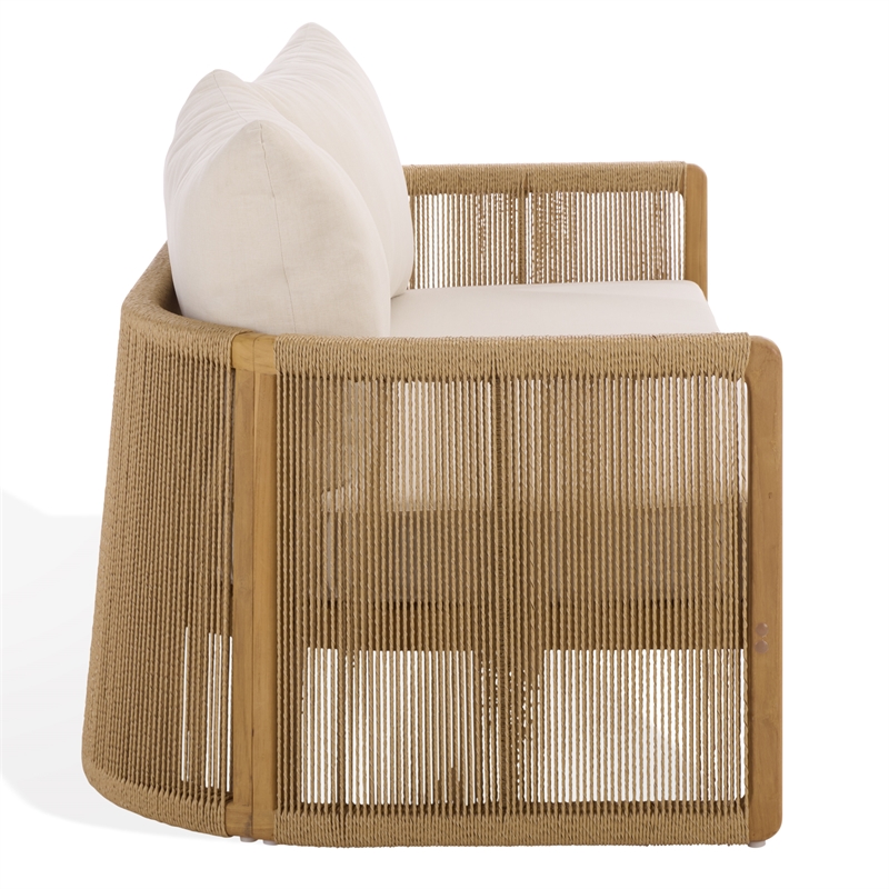 Safavieh Gale Teak Wood and Hyacinth Patio Sofa in Natural / Beige