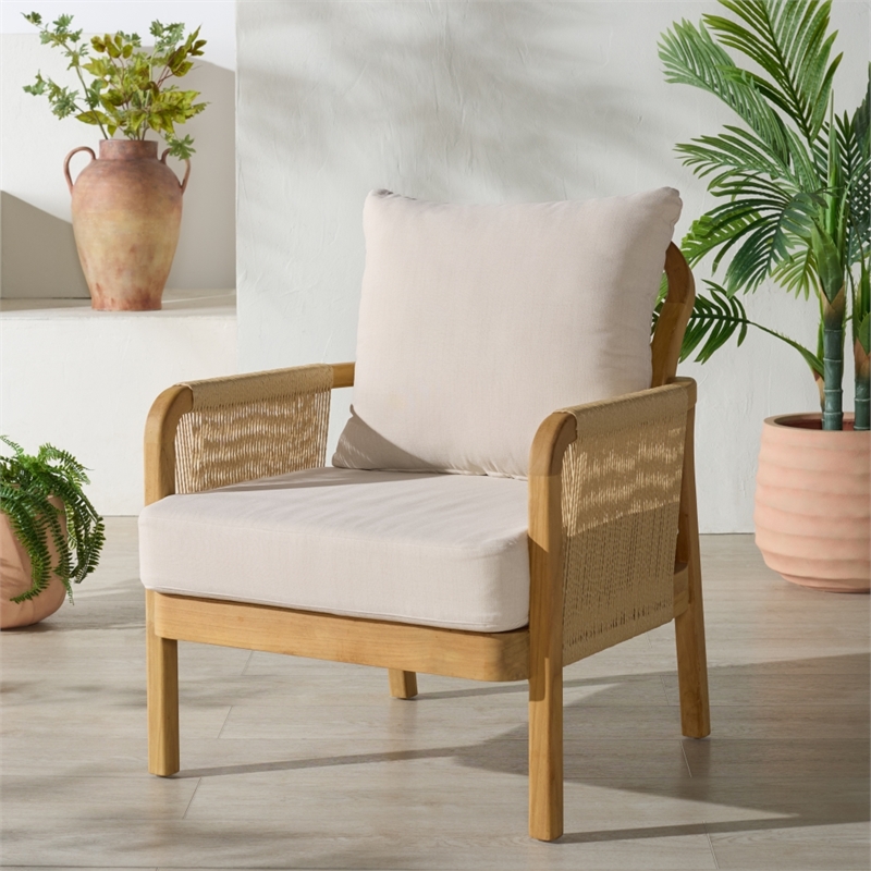 Safavieh Rogers Teak Wood and Hyacinth Patio Chair  in Natural / Beige
