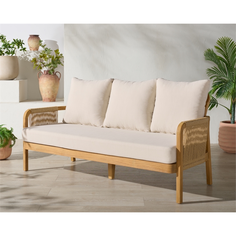 Safavieh Rogers Teak Wood and Hyacinth Patio Sofa in Natural / Beige
