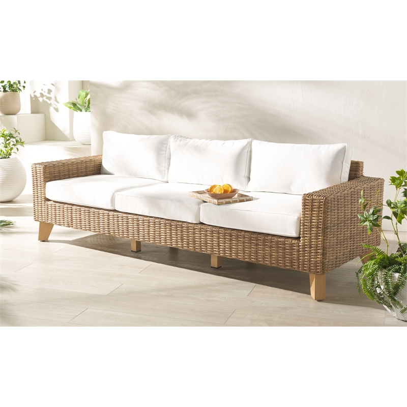 Safavieh Margarita Wicker Aluminum Patio Sofa in Natural / White